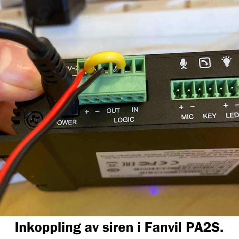 Inkoppling av siren till Fanvil PA2S.