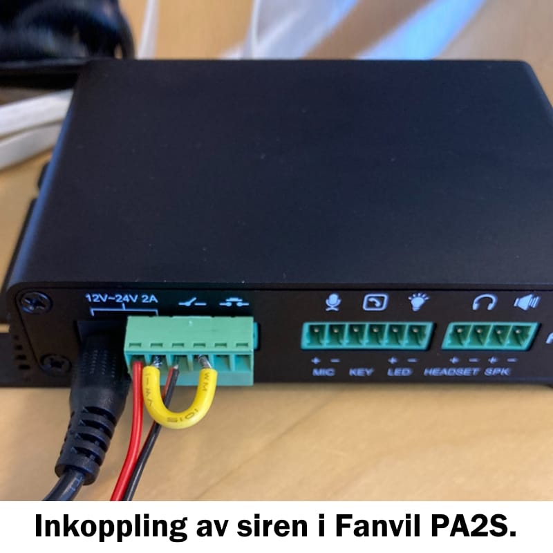 Inkoppling av siren i Fanvil PA2S.